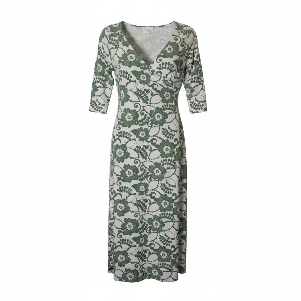 Soft Surroundings Green Floral Faux Wrap Midi Dress Large Stretch Jersey Knit